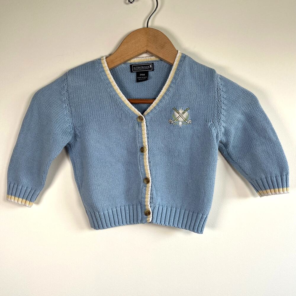 Kitestrings Baby Golf Button Cardigan Sweater Blue White 100% Cotton Size 24M